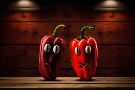 Two red peppers sitting on a wooden tableの素材