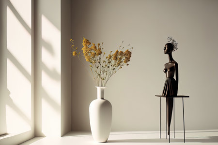 Vase with dried floral decor and mannequin on table near light wall in roomの素材