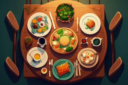 Various dinner served table in restaurant, top viewの素材