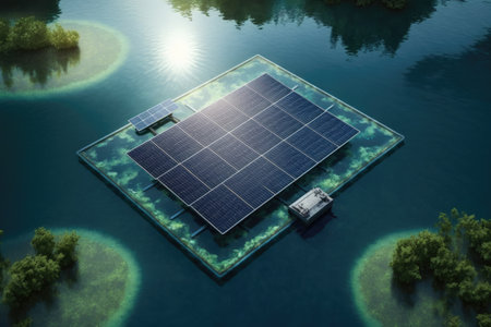 View from above of a solar cell platform or floating solar panels in a lakeの素材