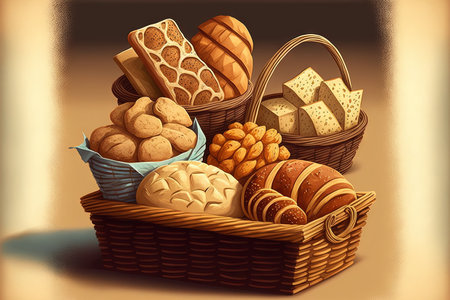 Various bread varieties in metal basketsの素材