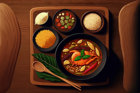 Tradition Northern Thai food. on a wooden table, top viewの素材