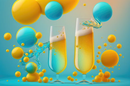 Bubbles and beer glasses on a yellow design for International Beer Dayの素材