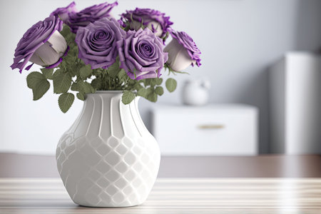 Violet rose flowers in vase on wooden table with place for copy spaceの素材