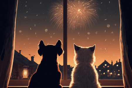 Watching the fireworks while looking out the window are a dog and a catの素材