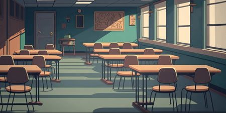 tables and chairs in a college classroomの素材