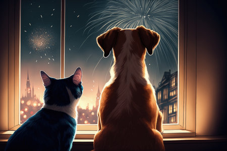Watching the fireworks while looking out the window are a dog and a catの素材
