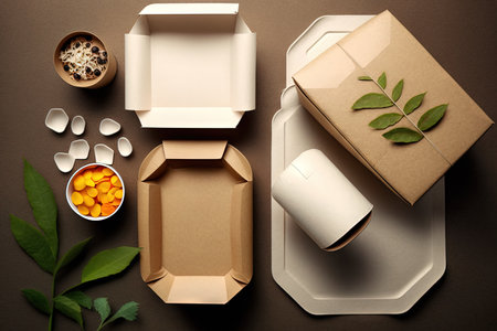Eco friendly food containers from paper on light table. Plastic free. Top view. Space for textの素材