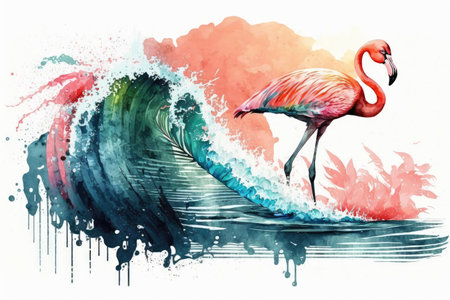 watercolor of a flamingo surfingの素材