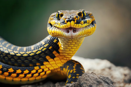 Yellow ringed Boiga snake dendrophila close up of an animal an animal attackingの素材