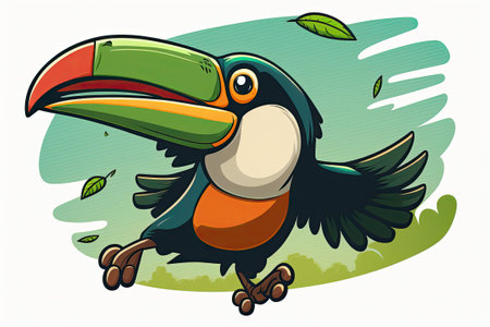 With a seed in its beak, a toco toucan soars through the airの素材