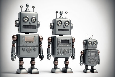 Vintage tin robot toy in different size scales isolated on a white backgroundの素材