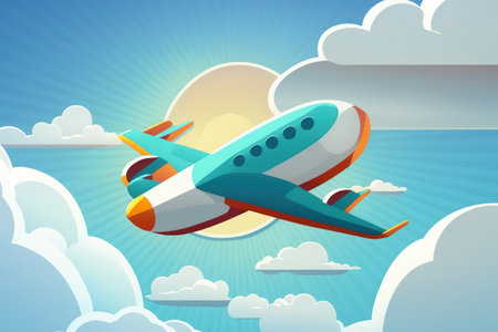 An airplane flies between clouds and sunlight in a blue skyの素材