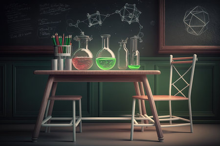 Table in chemical lab with test tubes and a green chalkboardの素材