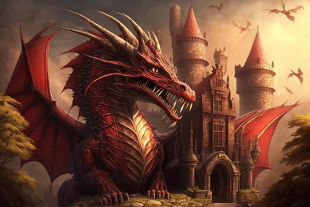 castle guarded by a red dragonの素材