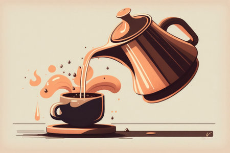 espresso making. Conceptual image of coffee being poured into a cup from a copper potの素材