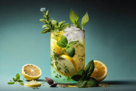 Slider image of a fresh summer drink made with lemonade and mint leavesの素材