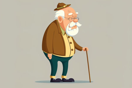 Cartoon drawing of a sweet granddad with a cane stick. Isolated flat people and nature emblemの素材