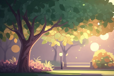 Park garden tree in the background is hazy and there is bokeh light outside in the summerの素材