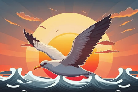 Flying bird passing the rising sun. On the water dawn. a seagull in flightの素材