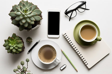 office desk flat lay with coffee smartphone succulents clearの素材