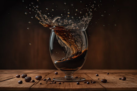 On a wooden table there is black coffee in a glass cup with coffee beans and a bouncing dropの素材