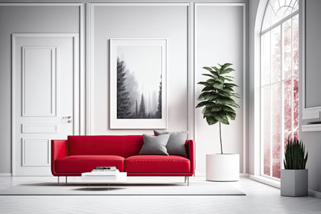 red sofa in a white minimalist living roomの素材