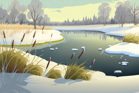 Background of winter chilly day frozen grass white snow and river. selective attentionの素材