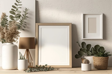 Warm beige room with natural wooden furnishings Scandinavian-style background for mock-up frameの素材