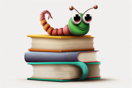 Bookworm. Isolated white background with a real earthworm dangling over a stack of books 5の素材