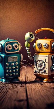 Two retro Robots toys talking on tin can phones on an old wooden floorの素材