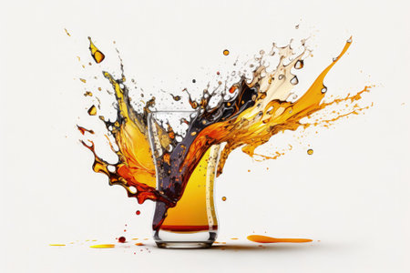 Beer splattering within a glass against a white backgroundの素材