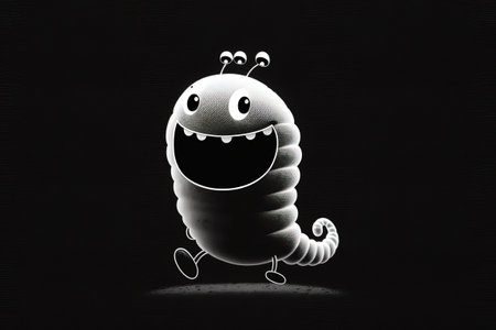 Cute Worm Character Jogging Around on the Ground Grinning against a Black Backgroundの素材