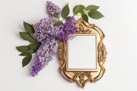 Lilac bouquet with gold frame on white backgroundの素材
