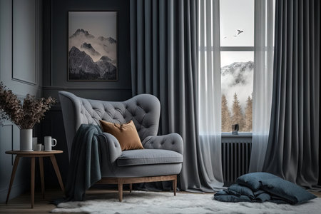Comfortable grey armchair near cozy curtains in living roomの素材