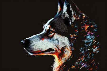 Illustration of a Siberian husky on a black backgroundの素材
