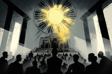 Congregation of devotees performing a ritual in front of a digitally painted sun templeの素材