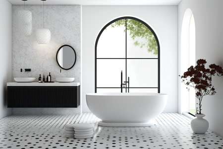 Luxury white bathroom with white and black tiles a white tub and a shower. White floor. mockupの素材