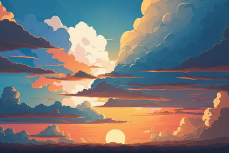 Panorama Dramadic Sunset Sky blue and orange light of the sun through the clouds in the skyの素材