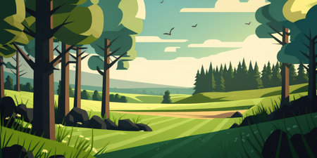 a grassy field and a forestの素材