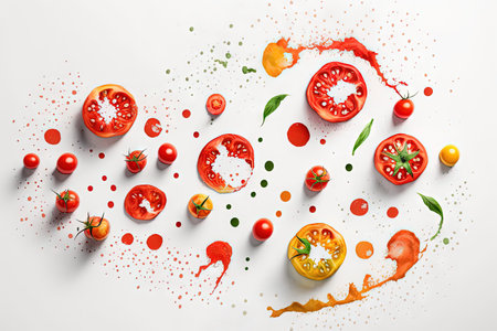 Creative layout made of tomato with watercolor spots on the white background. Flat lay. Food conceptの素材