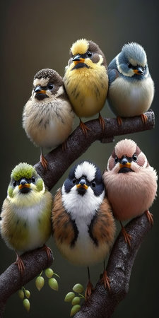 a lot of little funny birds sitting on a branch and looking curiouslyの素材