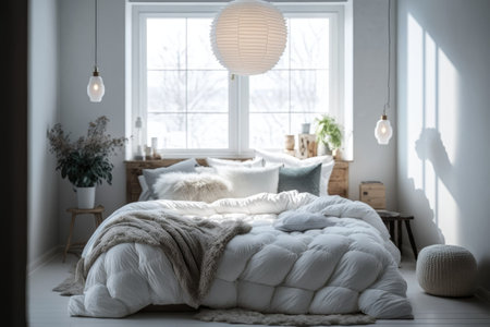 White loft bed with early winter sunlightの素材