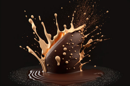 Black background with milk splash and eruption of chocolate powderの素材