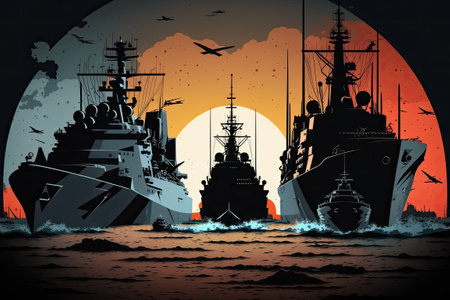 Combat vessels of the navy in a bay at sunsetの素材