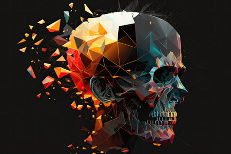 Destruction of the brain by a shower of luminous polygons caused by the angry skullの素材