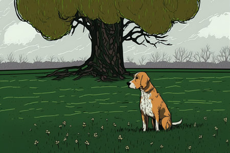 Dog standing close to an early spring oak tree in a field on an overcast day with new leaf growthの素材