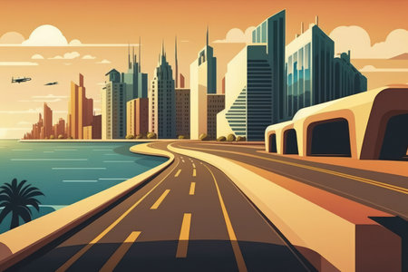 Asphalt road contemporary city businesses and a seaside skylineの素材