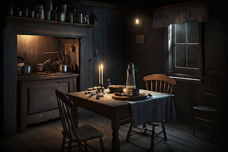 Dark room with a stove and a wooden table settingの素材