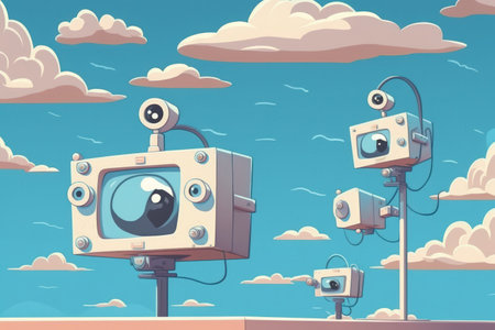 Sky background with contemporary CCTV security system preventing theft of smart camerasの素材